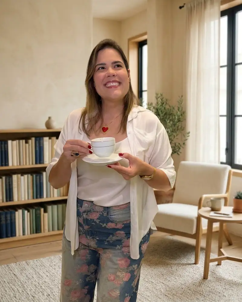 Daniella Xavier segurando uma xícara, sorrindo e olhando para cima
