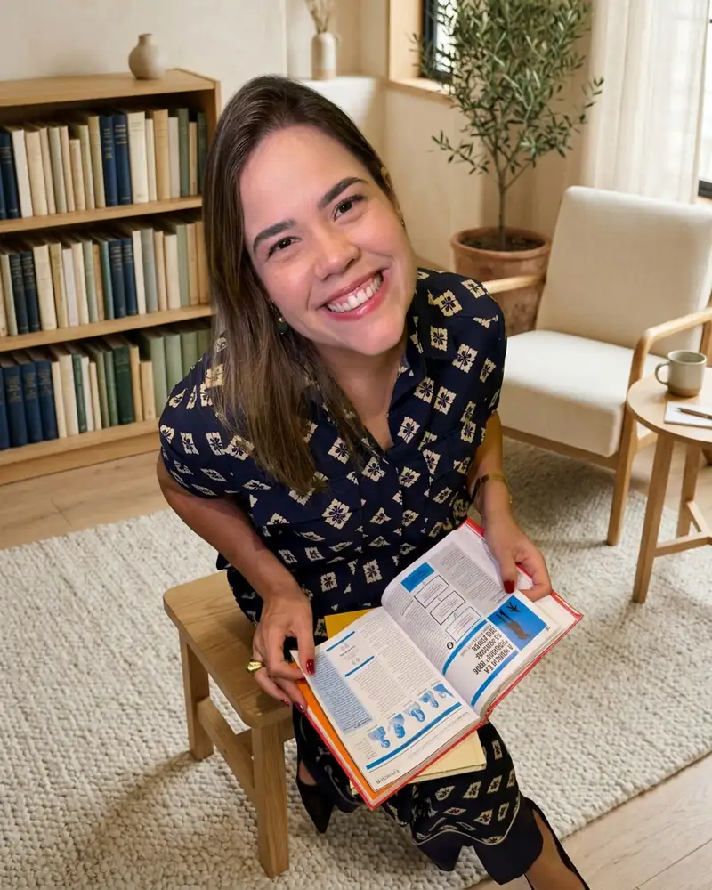 Daniella Xavier sentada, segurando um livro aberto e sorrindo
